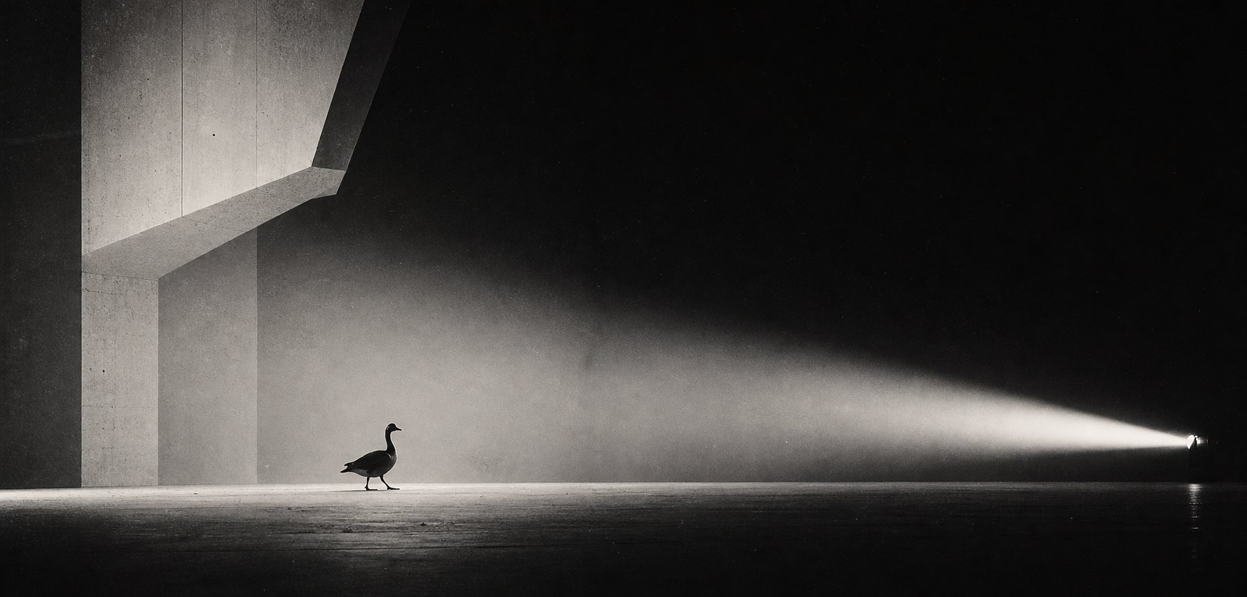 A black goose crossing a monumental soundstage under a projector beam